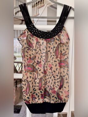 Y2K VTG Sheer Paisley Camisole L Statement Black Beaded Neckline Chiffon Indie